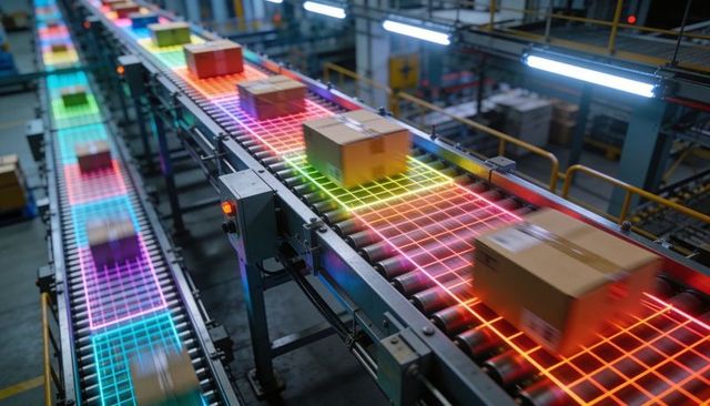 Automated conveyor moving packages over led tracking grid for efficient warehouse sorting