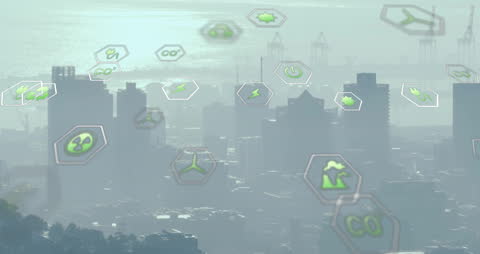 Digital Eco Icons Hovering Over Cityscape Illustrating Modern Connectivity