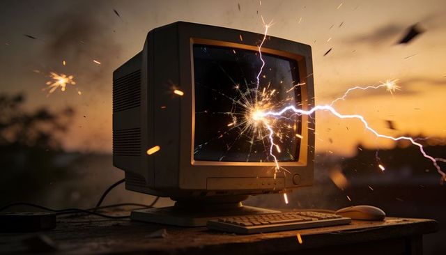 Retro crt monitor emitting electric arc and sparks on rooftop sunset for tech concept