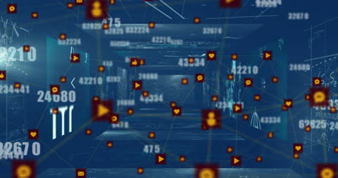 Digital Network Globe Animation with Icons and Data Points