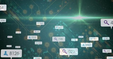 Floating data visualization showing network nodes, numeric counters and magnifying icons