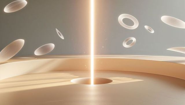 Futuristic beam of light with floating disks in minimalistic abstract gallery
