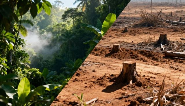 Contrasting tropical jungle mist and deforested red soil with tree stumps