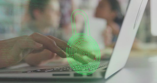 Image of fingerprint in padlock, cropped hands of caucasian woman typing on keyboard of laptop. Digital composite, multiple exposure, protection, biometric, security and technology concept.