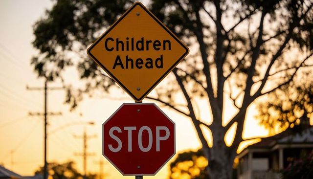 Backlit children ahead and stop signs signaling caution on neighborhood street at sunset