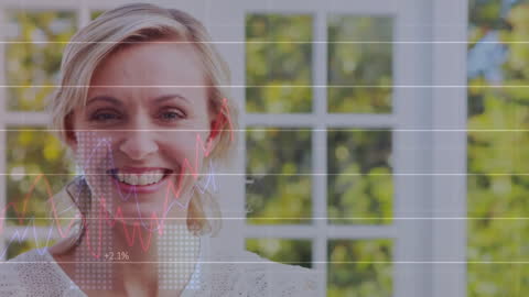 Smiling Businesswoman with Graph Overlay in Modern Office