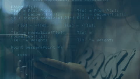 Digitally Animated Code Overlay on Woman Using Tablet