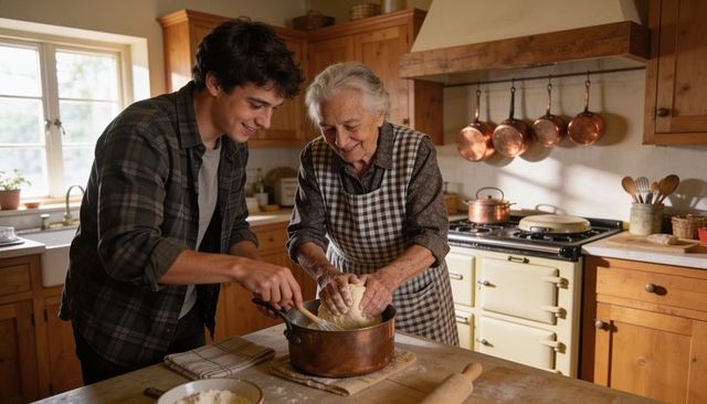 Grandmother teaching grandson to knead dough in rustic country kitchen warm family baking