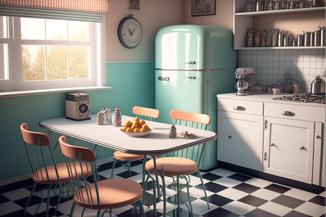 Depicts classic 1950s kitchen decor featuring retro furniture and pastel appliances. Ideal for illustrating articles about vintage or retro home decor and nostalgic lifestyle themes, as well as for advertising products related to home design and interior decor.