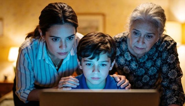 Guiding young boy on laptop by concerned mother and grandmother in warm evening glow