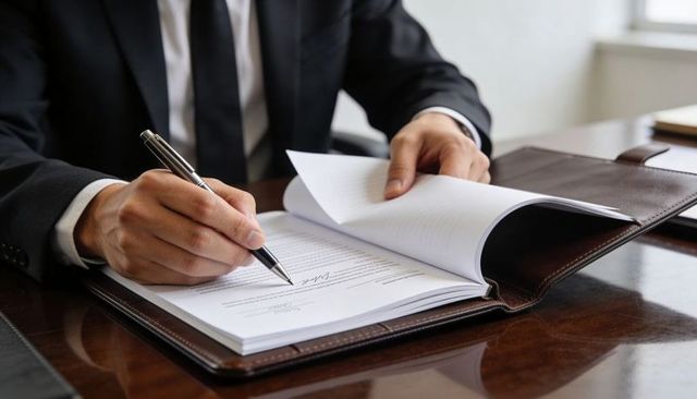 Executive signing contract with pen on leather portfolio for corporate business agreement