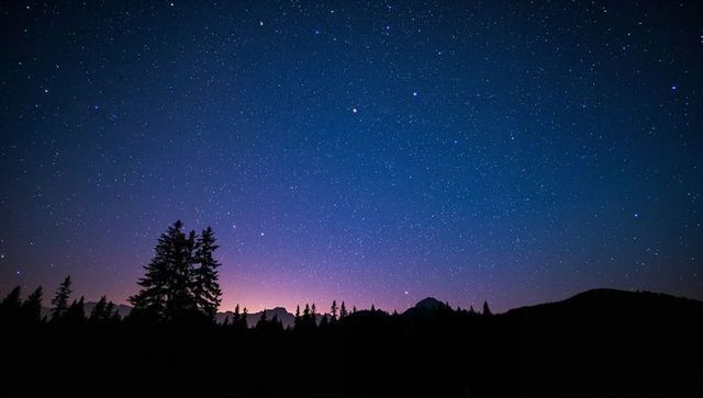 Silhouetted conifer ridge framing vast star-filled alpine sky with purple horizon glow