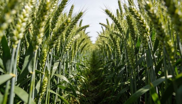 Close-up green wheat rows forming central corridor toward horizon for agriculture marketing