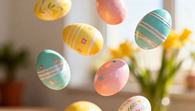 Floating pastel Easter eggs in sunlit window with daffodils and soft bokeh for spring decor