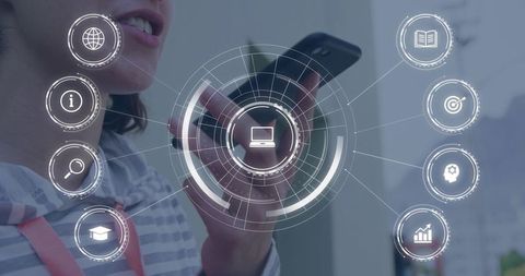 Woman Speaking into Smartphone with Futuristic Holographic Voice Interface
