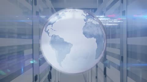 Animated Data Globe Overlay in Modern Data Center