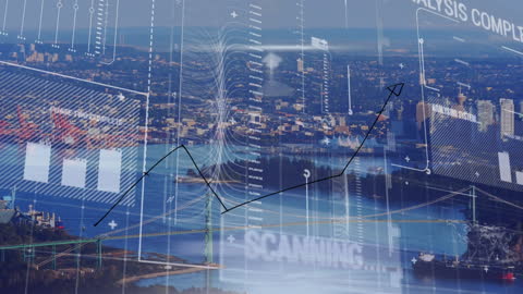 Digital Interface Overlooking Urban Cityscape Representing Data Processing