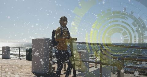 Woman with Scooter on Pier and Augmented Reality Overlays