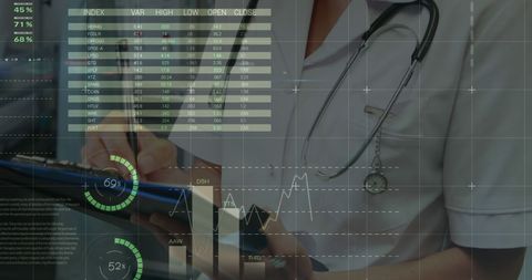 Healthcare Professional Analyzing Data with Overlay of Financial Graphs