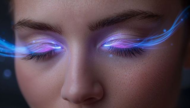 Neon eyelash light trails creating futuristic beauty glow with blue-purple luminescence