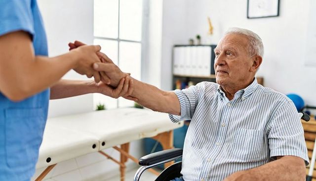 Nurse supporting senior man in wheelchair during rehab session in bright medical clinic