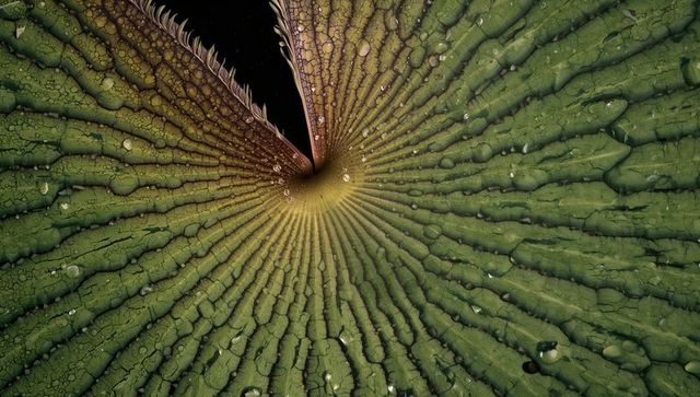 Macro closeup of giant water lily pad with radial veins converging to central funnel and water dropl