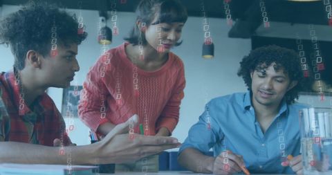 Diverse team meeting with digital interface overlay