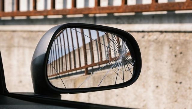 Cracked car side mirror with radial fractures reflecting urban rail and concrete wall closeup