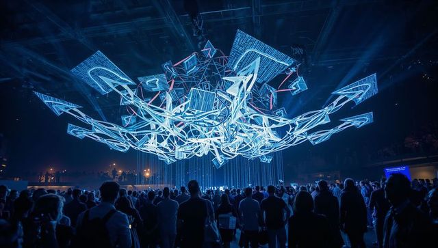 Futuristic led cloud sculpture hovering over crowd at interactive tech exhibition