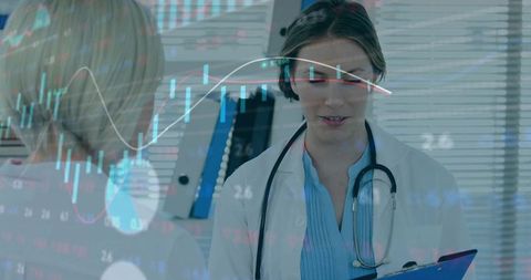 Female Doctor Consulting Patient with Digital Data Overlay and Medical Analytics Insights