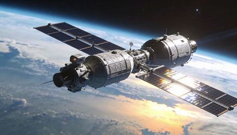 Orbiting modular spacecraft with solar panels and docking hub over earth horizon