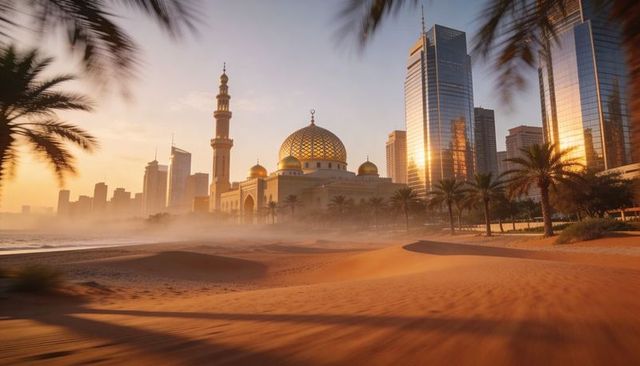 Glowing golden dome mosque rising against coastal skyline at sunrise over sandy dunes and palm prome