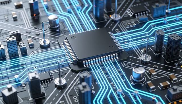 Square microcontroller radiating neon blue data traces across futuristic circuit cityscape