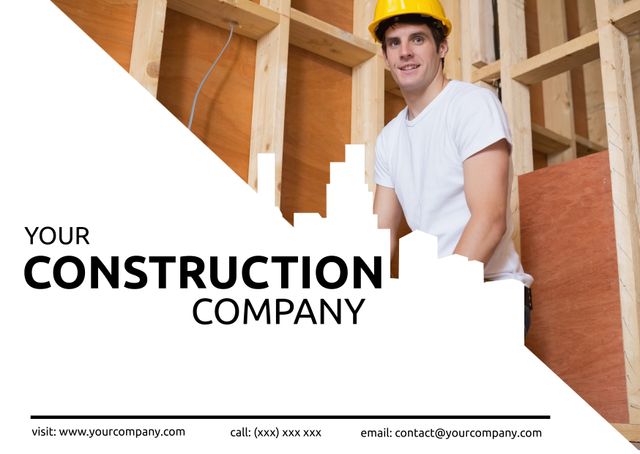 This image is ideal for use in construction company brochures, websites, and advertisements highlighting reliability and professionalism. The smiling worker, wearing a hard hat, represents safety and expert services in the construction industry. It can be utilized in marketing materials aimed at attracting clients, contractors, or investors for construction projects.