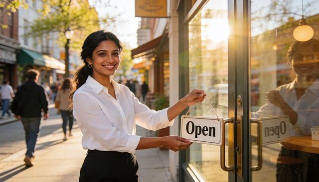 Smiling indian woman small business owner opening storefront at golden hour with open sign
