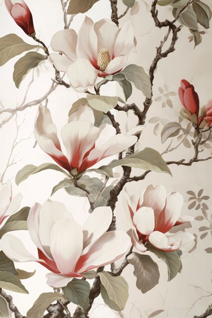 Magnolia flowers in full bloom adorning branch with lush green leaves and buds. Perfect for wallpapers, floral designs, botanical art, backgrounds, or spring and nature-inspired projects. Use for home decor, greeting cards, and wedding invitations.