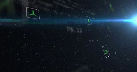 Floating holographic tech panels and neon icons over starfield with blue lens flare