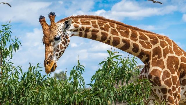 Giraffe bending to feed on greenery in nature reserve