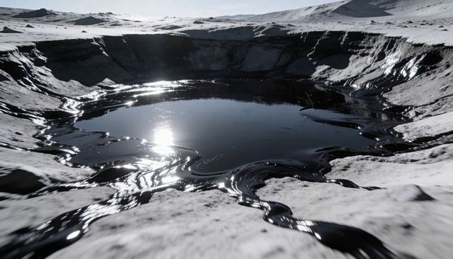 Shiny black crater lake on barren plain with viscous rivulets, alien industrial landscape