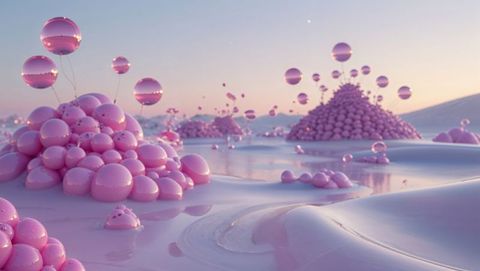 Surreal landscape with glossy pink spheres and floating balloons