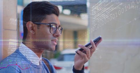 Man Communicating via Smartphone with Digital Network Interface Overlay