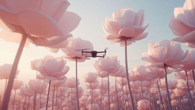 Drone hovering above tranquil pastel pink flower field at dusk