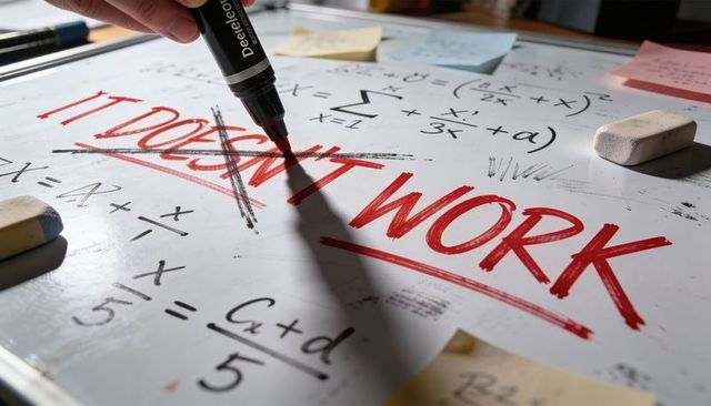 Crossing out 'IT DOES NOT WORK' on whiteboard with math equations, marker, sticky notes