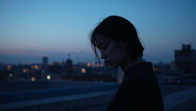 Gazing asian woman leaning on rooftop parapet at dusk with bokeh city skyline