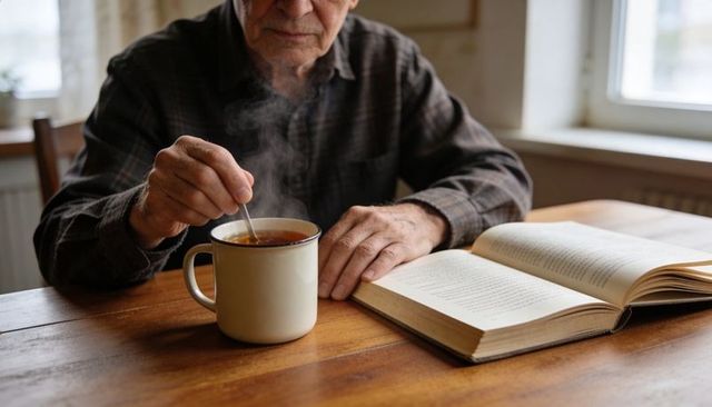 Elderly man stirring steaming tea while reading book at wooden table by window