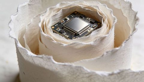 Microchip nesting in torn paper spiral, closeup pcb and integrated circuit concept