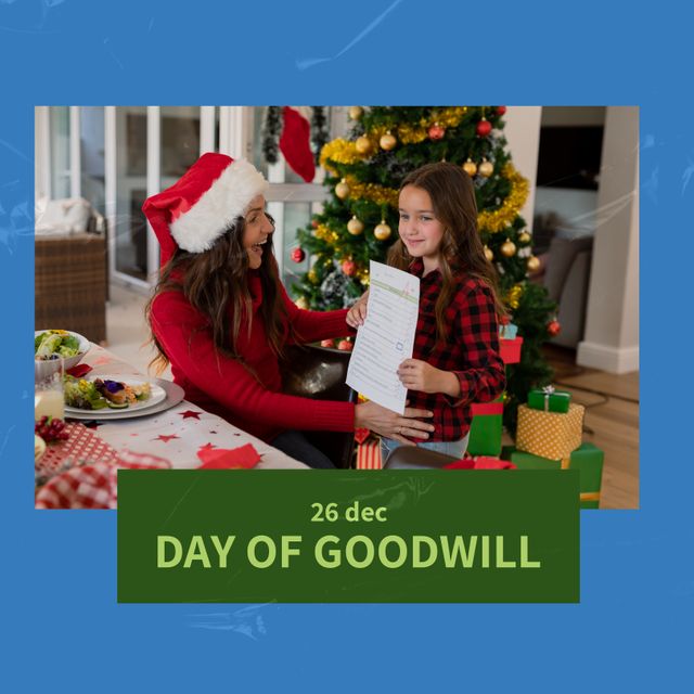 Image of a mother and daughter celebrating the Day of Goodwill. Both are wearing Santa hats and sitting by a Christmas tree with decorations and gifts. Could be used for holiday greeting cards, promotions, festive family ads, blog posts about holiday celebrations, and festive social media content.