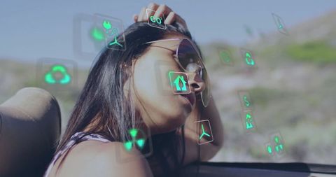 Eco-Conscious Woman Relaxing in Convertible on Scenic Journey