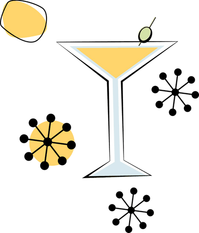 Transparent background minimalist martini glass with olive and starbursts