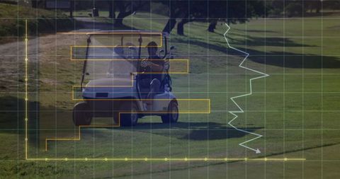 Golf Cart Rider with Data Overlay on Lush Fairway